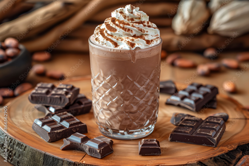 Delicious chocolate milkshake with whipped cream and chocolate pieces, sweet indulgence dessert concept Delicious chocolate milkshake with whipped cream and chocolate pieces, sweet indulgence dessert concept