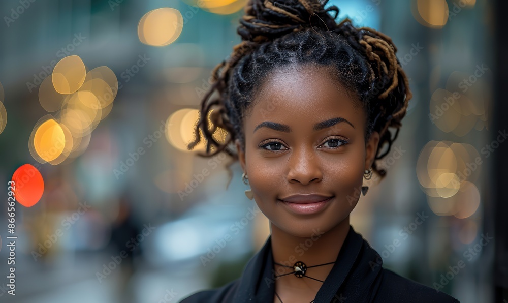 Confidently smiling professional woman standing in a vibrant urban setting. Confidently smiling professional woman standing in a vibrant urban setting.