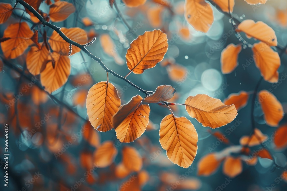 Vibrant orange leaves contrast with a soft, bokehdotted blue background, capturing the essence of fall Vibrant orange leaves contrast with a soft, bokehdotted blue background, capturing the essence of fall