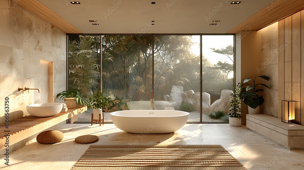 Fototapeta premium Elegant modern bathroom with a white bathtub, large windows, and natural stone walls. The design allows natural light to create a peaceful, zen-like ambiance, emphasizing minimalist style 