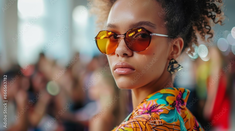 A fashion model poses on a runway, wearing orange sunglasses and a brightly patterned shirt A fashion model poses on a runway, wearing orange sunglasses and a brightly patterned shirt