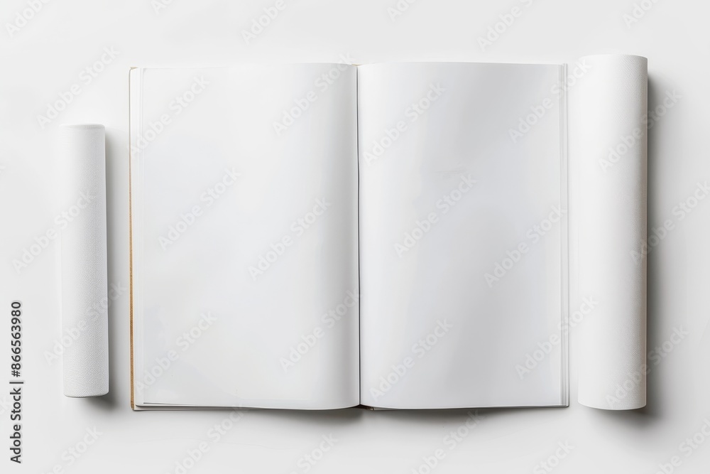 Blank page or notepad on neutral background. Mock-up magazine or catalog on white table. Blank page or notepad on neutral background. Mock-up magazine or catalog on white table.