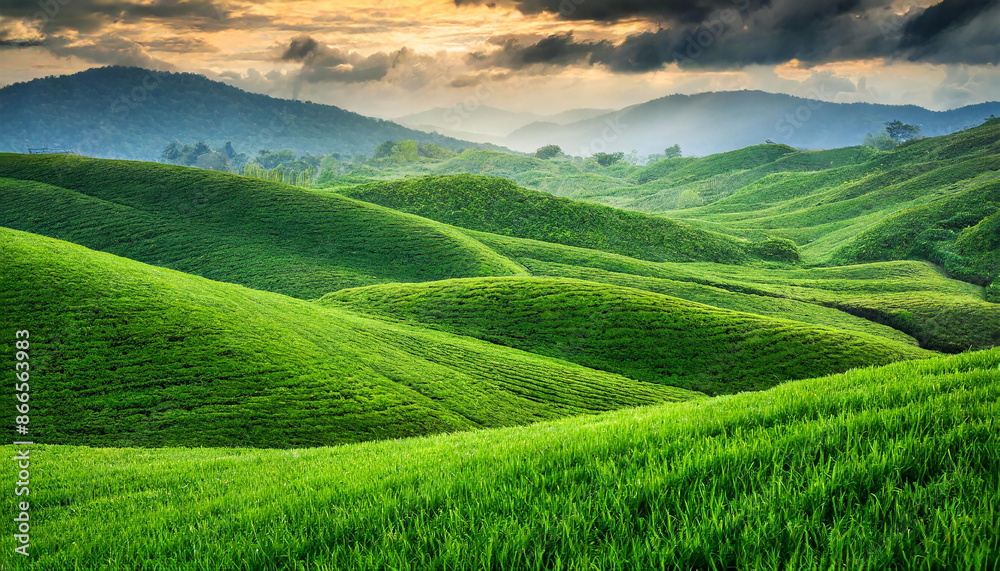 A serene landscape showcasing vibrant green hills with the sun rising behind misty mountains, creating a calming effect A serene landscape showcasing vibrant green hills with the sun rising behind misty mountains, creating a calming effect