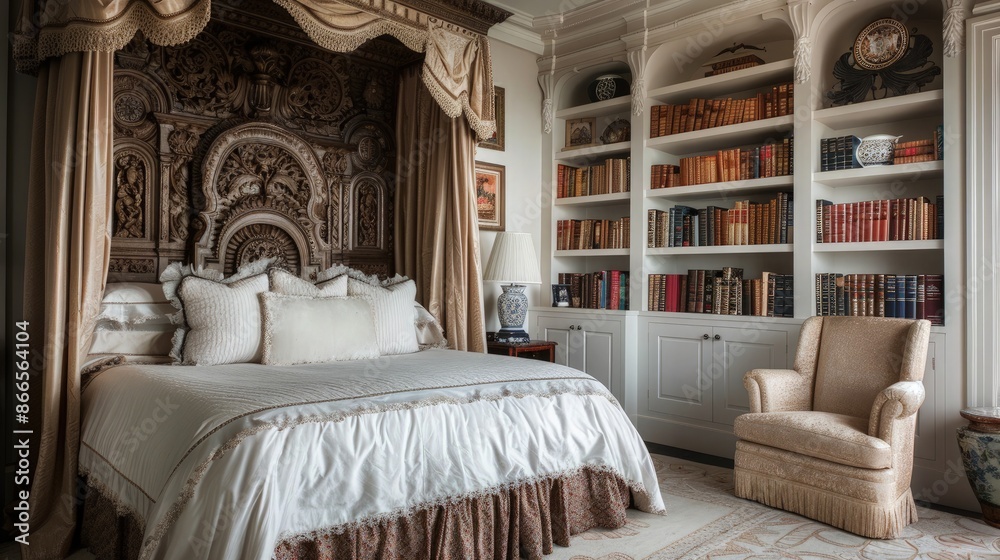 A sophisticated master bedroom with a canopy bed featuring an intricately carved headboard and silk drapes. The room includes a classic wingback chair and a collection of antique books displayed A sophisticated master bedroom with a canopy bed featuring an intricately carved headboard and silk drapes. The room includes a classic wingback chair and a collection of antique books displayed