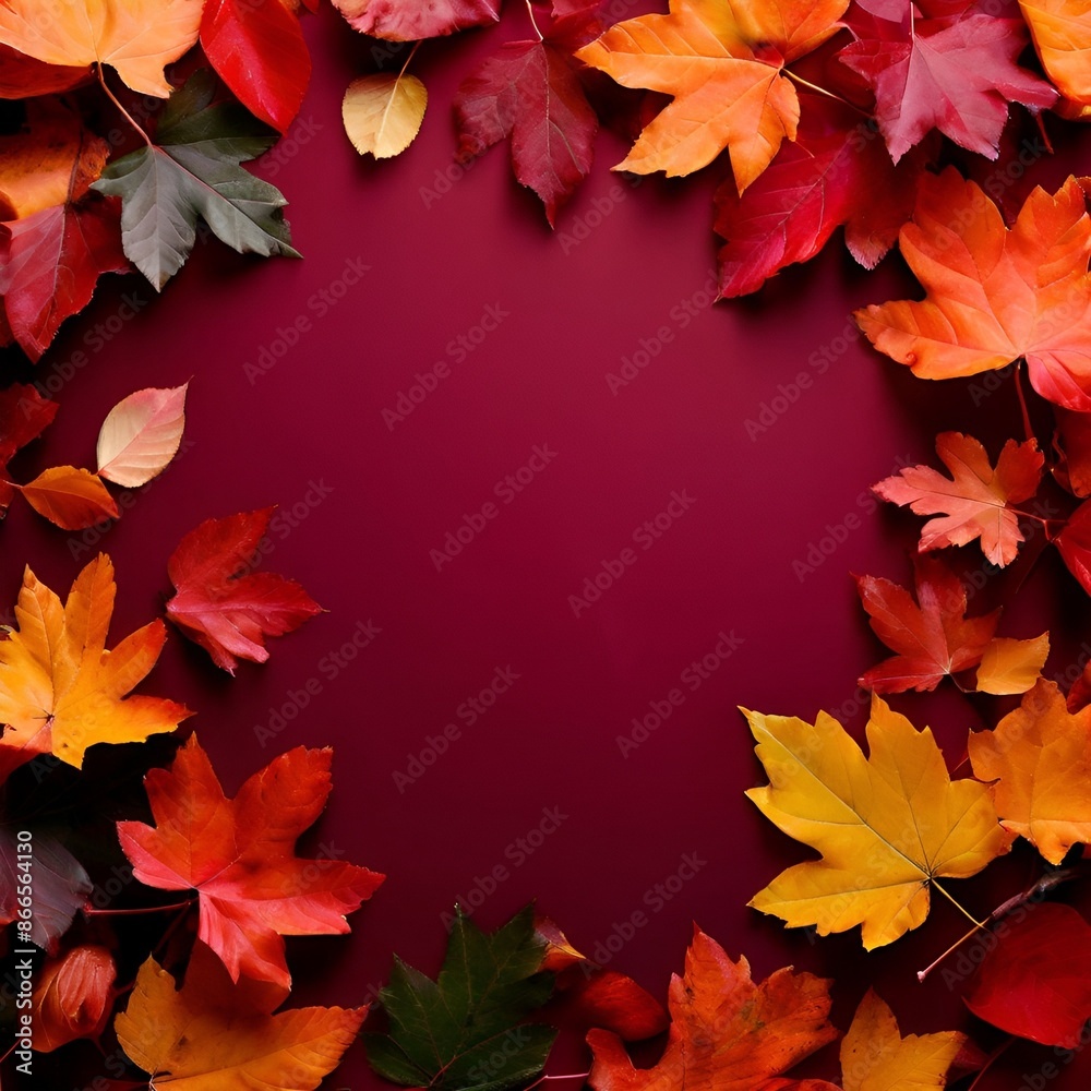 Colorful autumn leaves frame a vibrant red background, creating a beautiful, seasonal, and festive display of fall foliage or autumn leaves frame Colorful autumn leaves frame a vibrant red background, creating a beautiful, seasonal, and festive display of fall foliage or autumn leaves frame