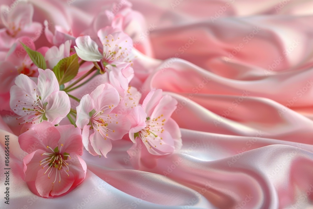 Soft pink silk adorned with cherry blossoms, reflecting the tender touch of spring