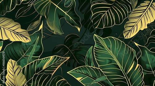 Art background with tropical leaves and bird in green and gold color in art line style. Botanical banner for decor, cover, print, textile, wallpaper, interior design. Generative Ai