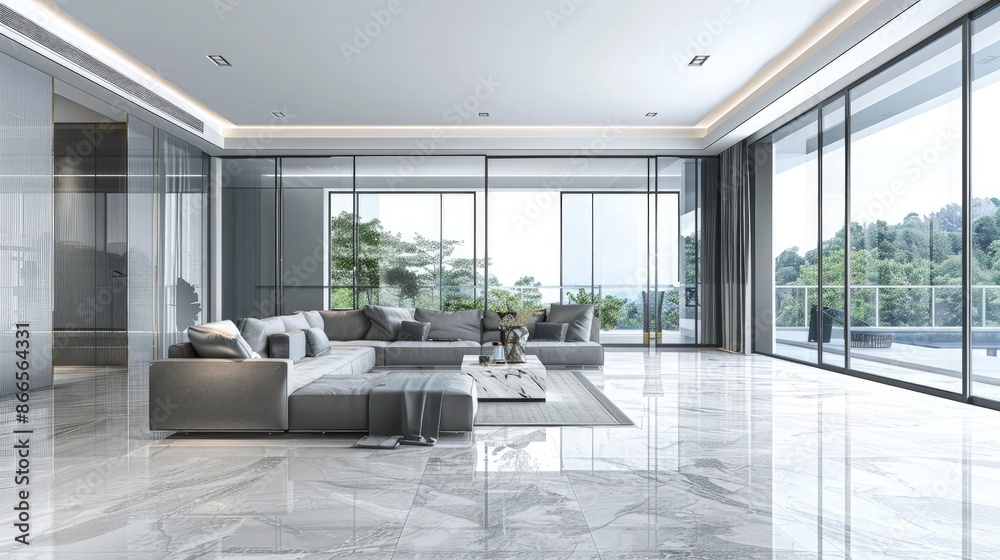 A spacious living room in a modern luxury home with gray and white color scheme, featuring sleek marble floors and large floor-to-ceiling windows. A spacious living room in a modern luxury home with gray and white color scheme, featuring sleek marble floors and large floor-to-ceiling windows.
