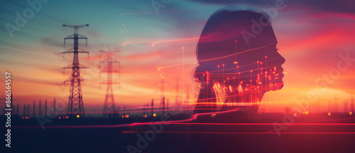 Analyzing energy consumption, close up, focus on, vibrant colors, double exposure silhouette with power lines
