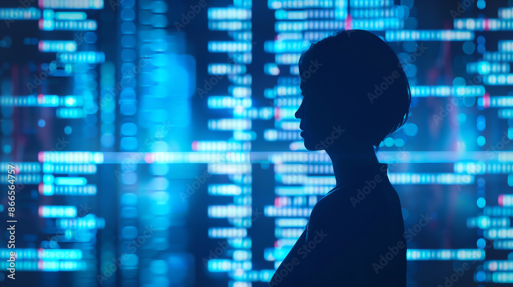 Analyst interpreting data on screens, copy space, bright tones, double exposure silhouette with binary code