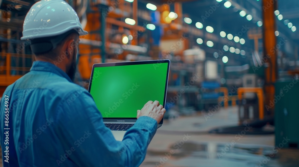 In a uniform, a car factory engineer uses a laptop computer and a green screen mock-up display at a vehicle manufacturing facility for automotive industrial production. In a uniform, a car factory engineer uses a laptop computer and a green screen mock-up display at a vehicle manufacturing facility for automotive industrial production.