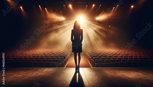 confident woman standing on a stage facing an auditorium filled with empty seats