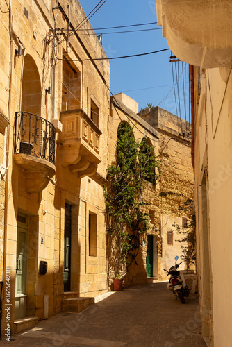 Traditional Maltese house lining narrow streets in silent city Mdina, adorned with colorful doors and flowers, capturing the essence of local architecture and culture. Malta travel destination.