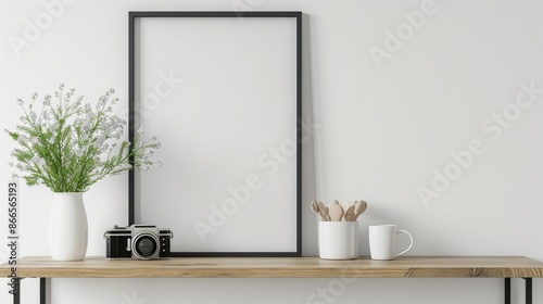 A mock-up poster on a modern display backdrop with a golden and black vase, enhancing the composition of white paper.