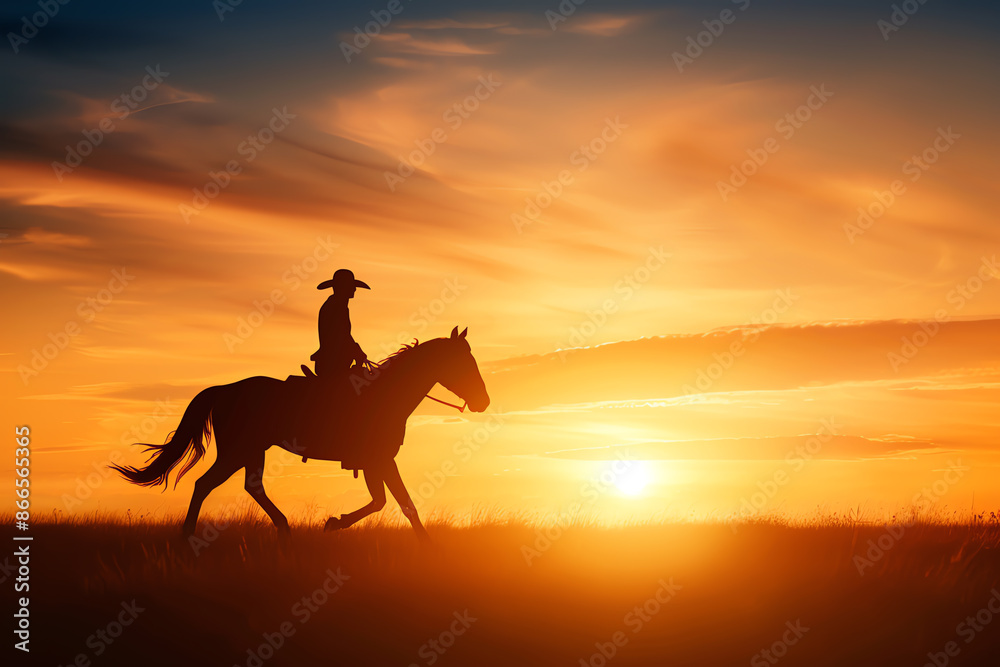 Horse rider galloping in an open field, close up, focus on, vibrant colors, double exposure silhouette with sunset Horse rider galloping in an open field, close up, focus on, vibrant colors, double exposure silhouette with sunset