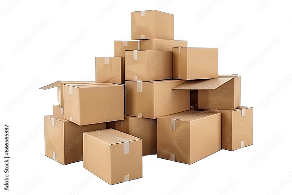 Cardboard boxes piled high isolated on transparent background Cardboard boxes piled high isolated on transparent background