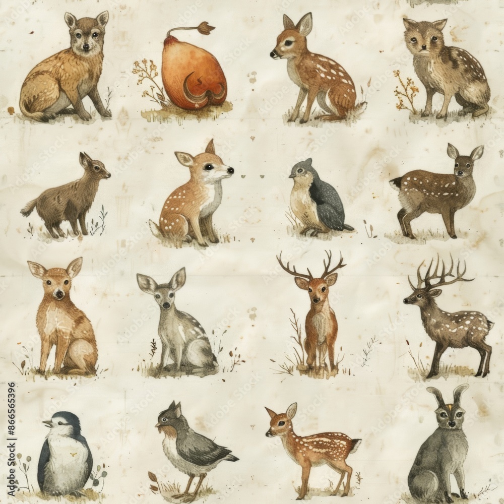 Fototapeta premium watercolor Vintage Animal Illustrations on rustic vintage background, minimal pattern, high contrasty