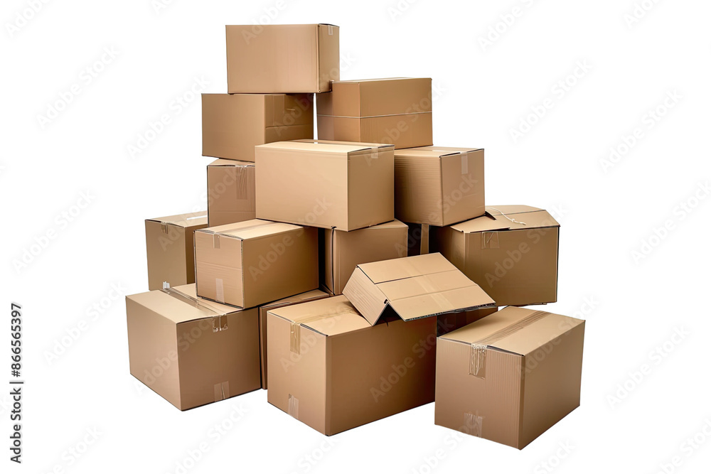 Cardboard boxes piled high isolated on transparent background Cardboard boxes piled high isolated on transparent background
