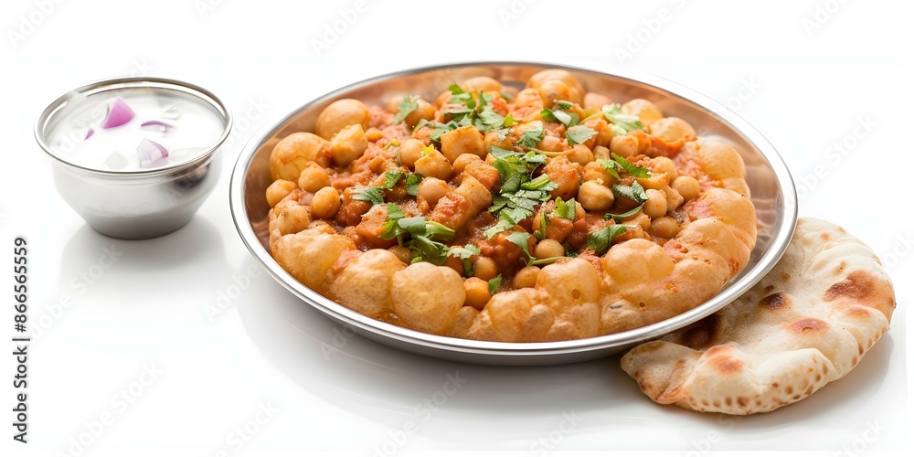 Chole Bhature Plate on a White Background Isolated Image. Concept Food Photography, Indian Cuisine, Isolated Image, White Background, Chole Bhature Plate Chole Bhature Plate on a White Background Isolated Image. Concept Food Photography, Indian Cuisine, Isolated Image, White Background, Chole Bhature Plate