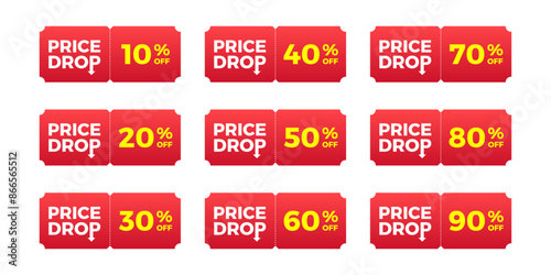 Price drop sale coupon set. 10, 20, 30, 40, 50, 60, 70, 80, 90 percent. Red and yellow
