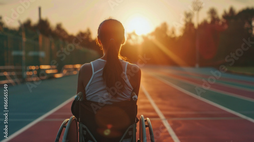 A paraathlete in a wheelchair trains on a colorful track at sunset photo