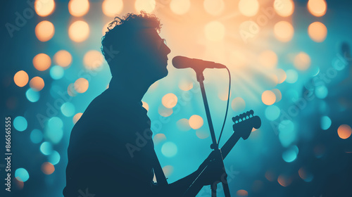 Musician performing live on stage, close up, focus on, vibrant colors, double exposure silhouette with audience photo