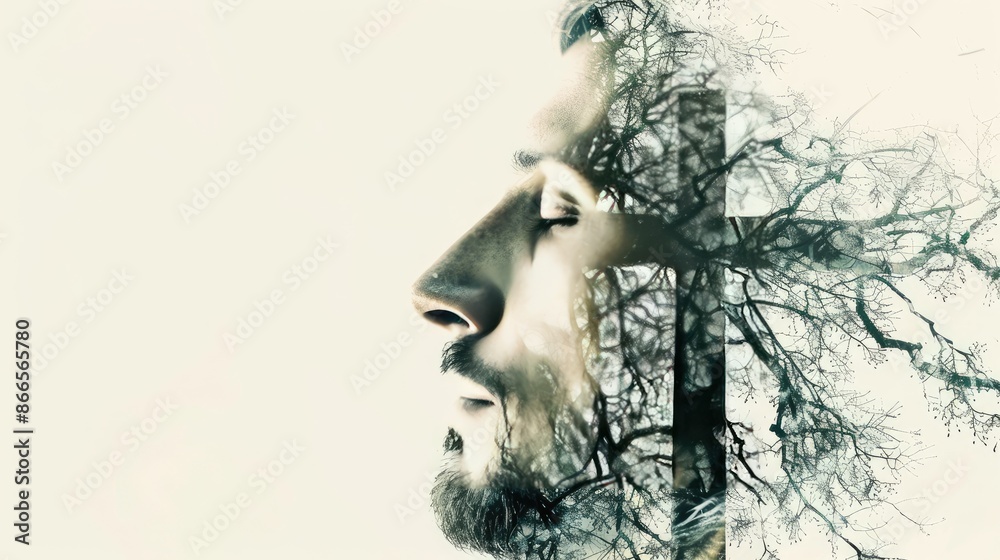 Double exposure of Jesus Christ's serene face merged with a cross and tree branches in the background, symbolizing faith and nature's connection Double exposure of Jesus Christ's serene face merged with a cross and tree branches in the background, symbolizing faith and nature's connection