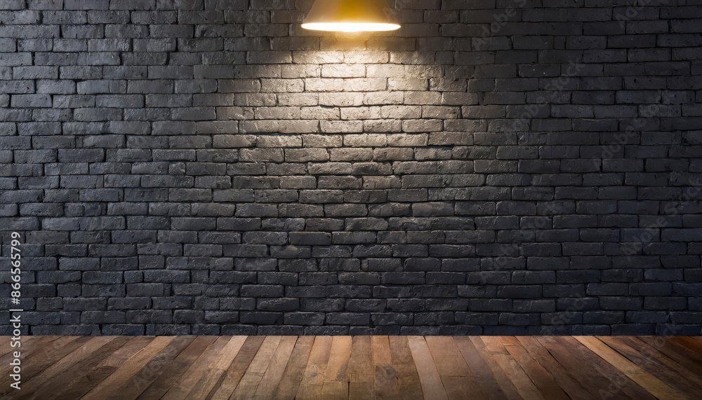 Textured black brick wall with lamp light highlighting the surface Textured black brick wall with lamp light highlighting the surface