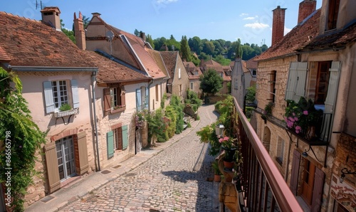 Fototapeta Naklejka Na Ścianę i Meble -  A quaint village with cobblestone streets and historic buildings, viewed from a balcony of a charming inn