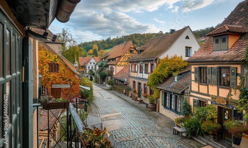 Fototapeta Naklejka Na Ścianę i Meble -  A quaint village with cobblestone streets and historic buildings, viewed from a balcony of a charming inn