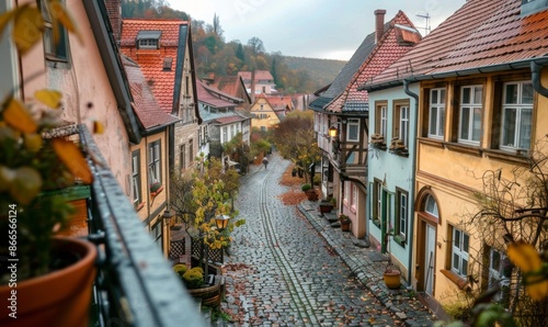 Fototapeta Naklejka Na Ścianę i Meble -  A quaint village with cobblestone streets and historic buildings, viewed from a balcony of a charming inn