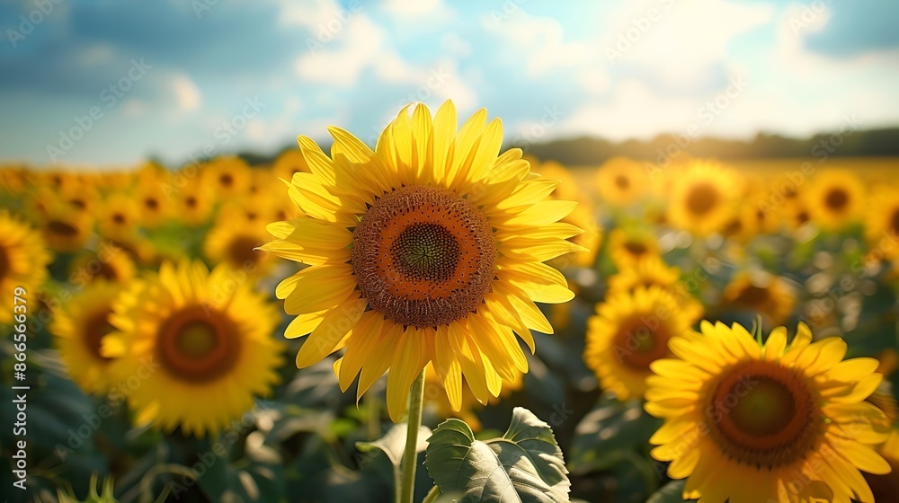 Vibrant Sunflower Field Under Bright Cloudy Sky in Idyllic Countryside Landscape Vibrant Sunflower Field Under Bright Cloudy Sky in Idyllic Countryside Landscape