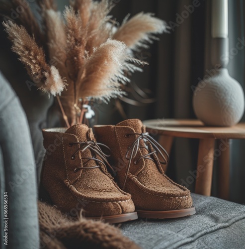 Brown Suede Boots Resting on a Grey Armchair in a Cozy Room
