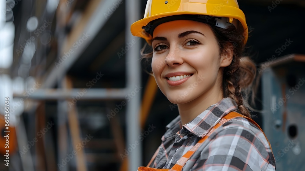 Smiling Female Construction Worker in Hard Hat at Construction Site