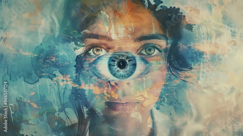 Odd graphics collage of calm dreamy woman meditating spiritually opening third eye