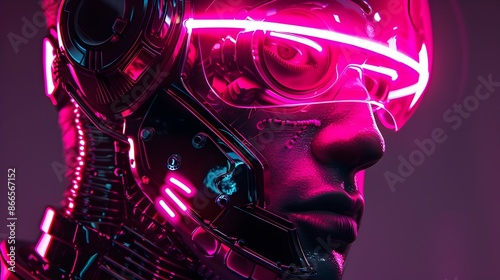 Futuristic Cyborg Face with Neon Illumination and Vibrant Color Scheme
