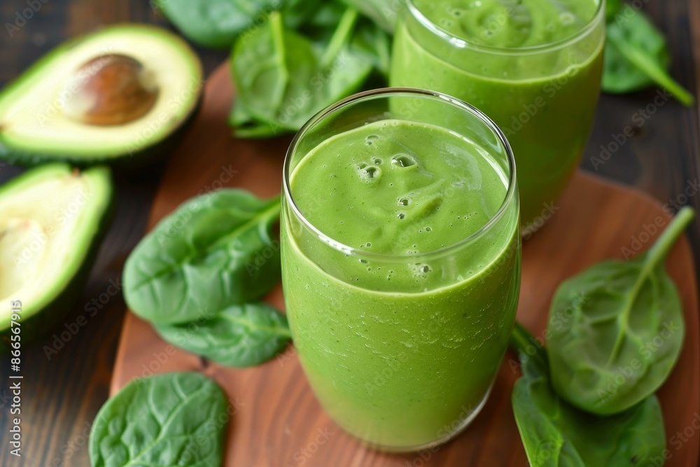 Fresh avocado spinach smoothie with green spinach, ripe avocado, and nutritious ingredients. This vegan, dairyfree, and glutenfree beverage is a healthy, homemade, and ecofriendly drink