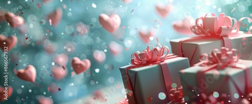 Pink Gift Boxes and Hearts Floating in Blue Bokeh Background