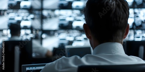 Monitoring Room FBI Agents Use Satellite Surveillance to Track Suspect Vehicles. Concept Satellite Surveillance, FBI Agents, Tracking Suspects, Monitoring Room, Vehicle Surveillance photo