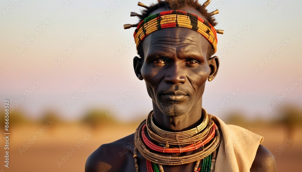 Portrait of Turkana man in traditional clothes, copy space for text Portrait of Turkana man in traditional clothes, copy space for text
