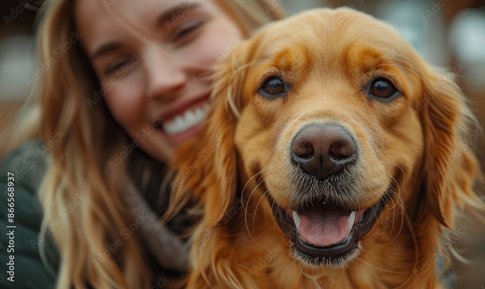 A veterinarian gently pets a golden retriever in a trusting and friendly manner at a pet hospital.