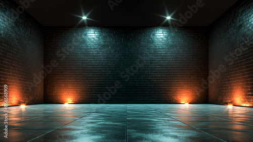 Interior with brick walls illuminated with cold and warm lights. 3d rendering