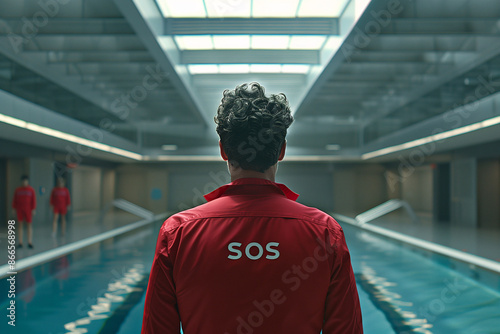 A lifeguard monitoring the safety of swimmers in a pool. Concept of safety, precaution, and rescue services. photo