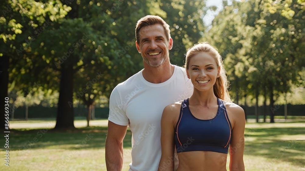 Obraz premium Couple in Athletic Wear Walking Through Park on Sunny Day