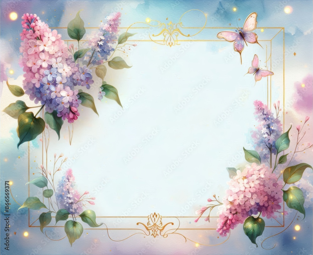 Elegant floral frame with lilacs and butterflies on pastel background, perfect for invitations. Elegant floral frame with lilacs and butterflies on pastel background, perfect for invitations.