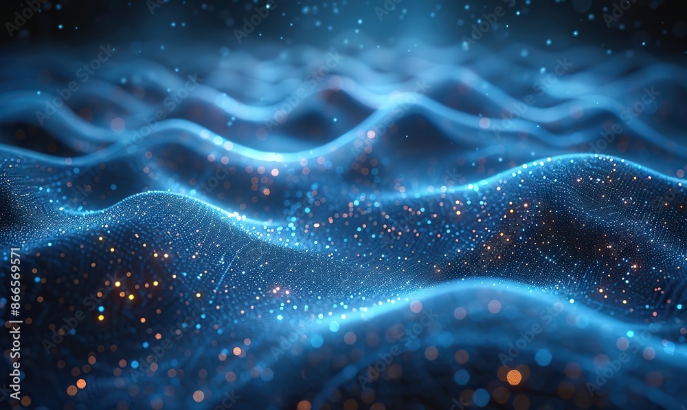Abstract blue background with interweaving of colored dots and lines. Wave of dots and weave lines. Abstract background network connection structure. Abstract blue background with interweaving of colored dots and lines. Wave of dots and weave lines. Abstract background network connection structure.