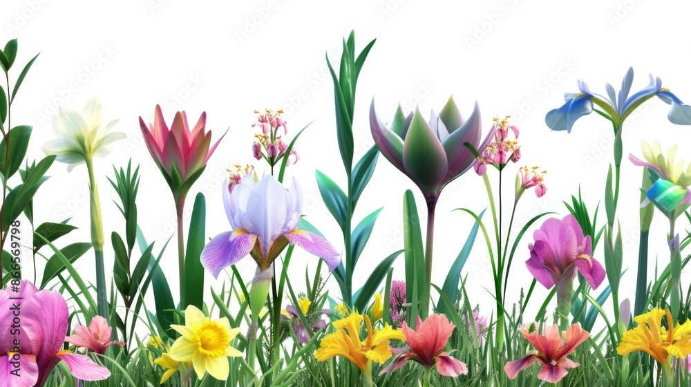 A colorful field of flowers with a white background