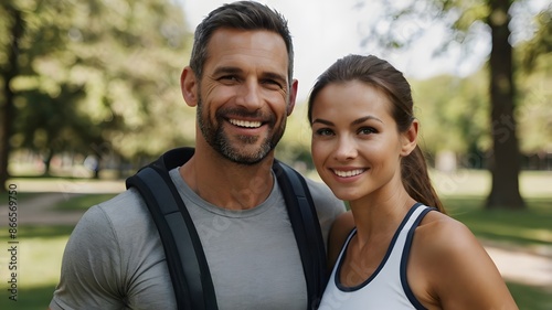 Couple in Athletic Wear Walking Through Park on Sunny Day