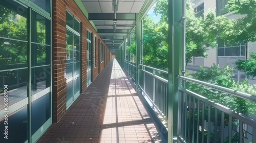 Long empty corridor in high school building