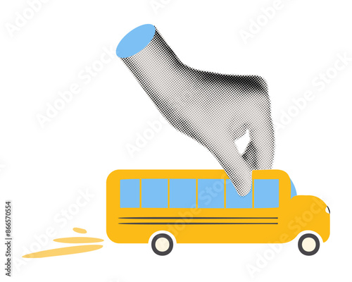 Trendy collage element. Halftone hand driving yellow school bus. Back to school concept. Modern retro grunge vector illustration isolated on transparent background
